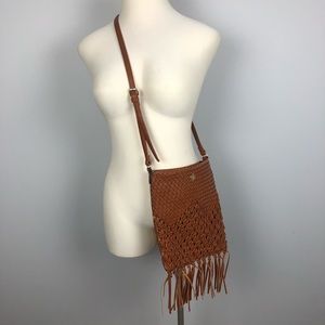 Faux Leather Woven Fringe Crossbody Bag